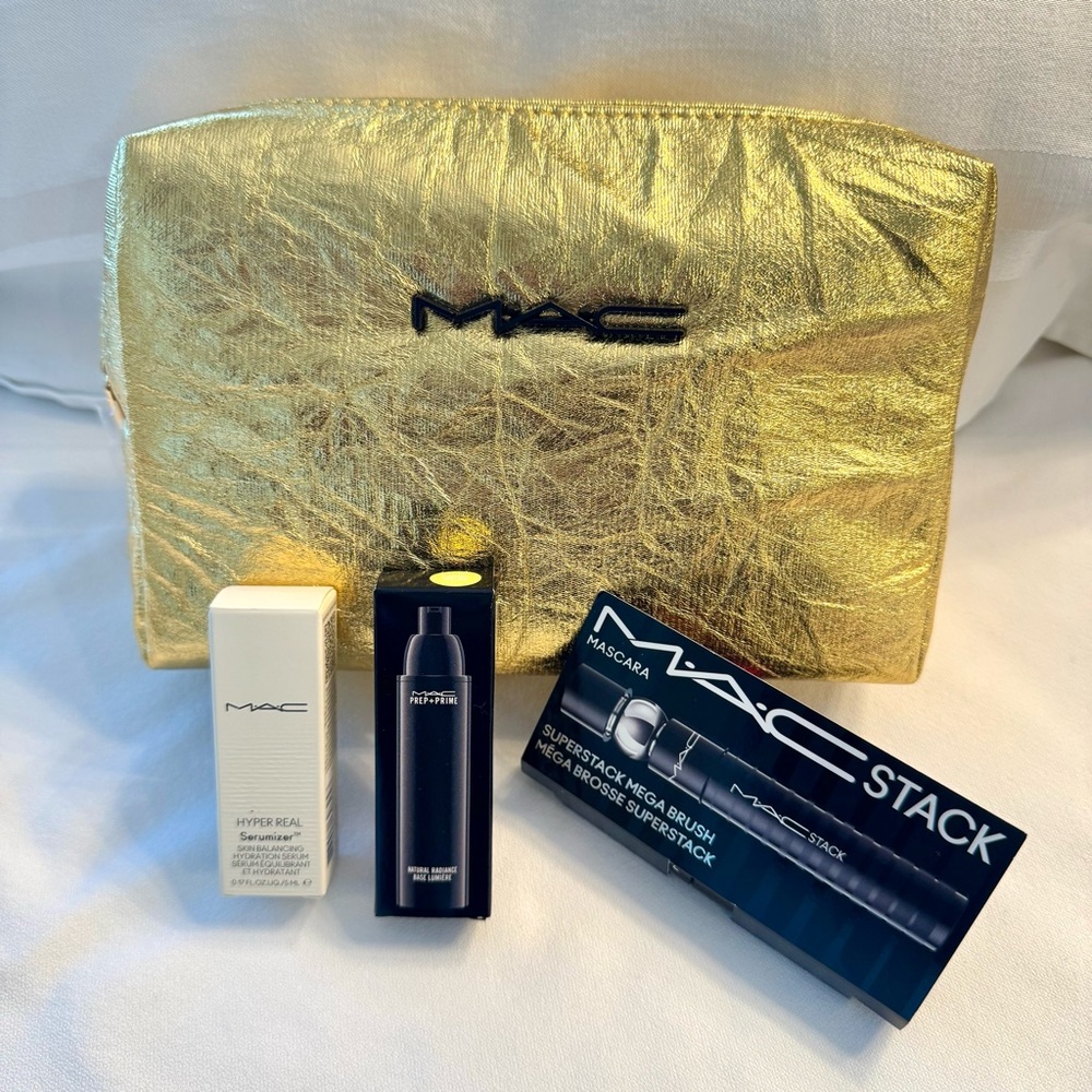 MAC Gold Cosmetics Makeup Bag W/ Products New